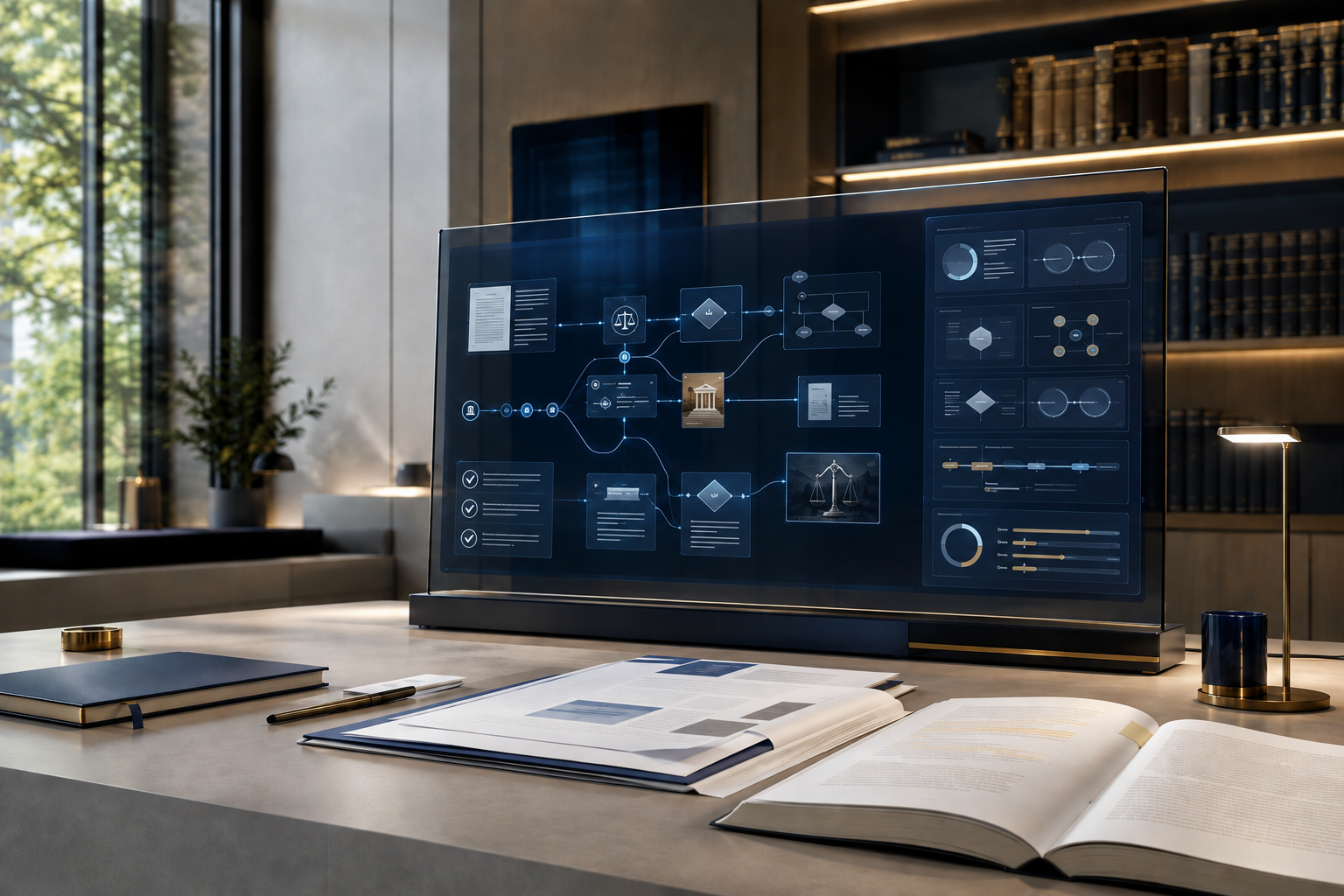 Interactive legal training interface with case materials in a modern learning studio